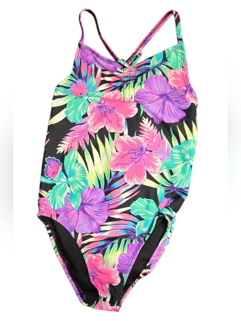 Children's Place Tropical Swimsuit Girls 5 6 Hibiscus Floral Cross Back UPF 50